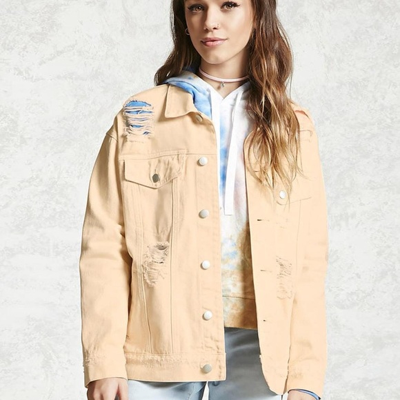 Forever 21 Beige Distressed Denim Jacket Medium - Picture 2 of 6
